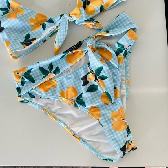 NEW NASTY GAL Blue White Gingham Lemon Plaid High Rise Vintage Cut Swim Bikini 0 - Picture 4 of 10